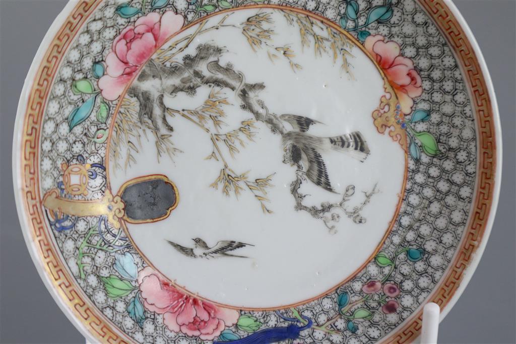 A Chinese famille rose hawk tea bowl and saucer, Yongzheng period, saucer 11.5cm diameter